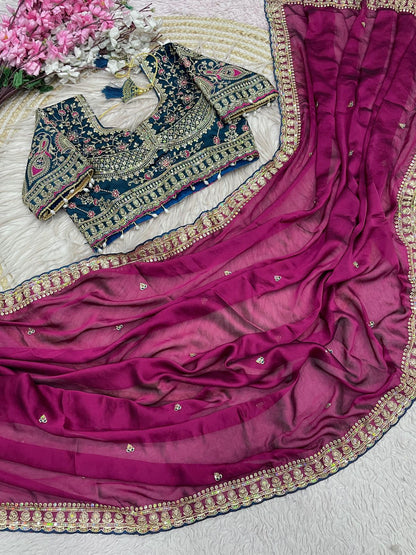 Magenta Wine Rangoli Silk Embroidery work Saree with Morpich Ready To Wear Blouse