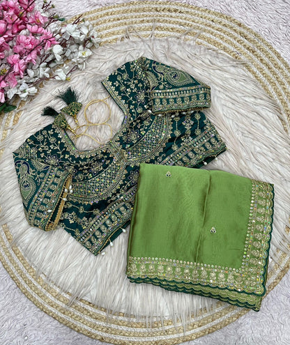 Pista Green Rangoli Silk Embroidery work Saree with Green Ready To Wear Blouse
