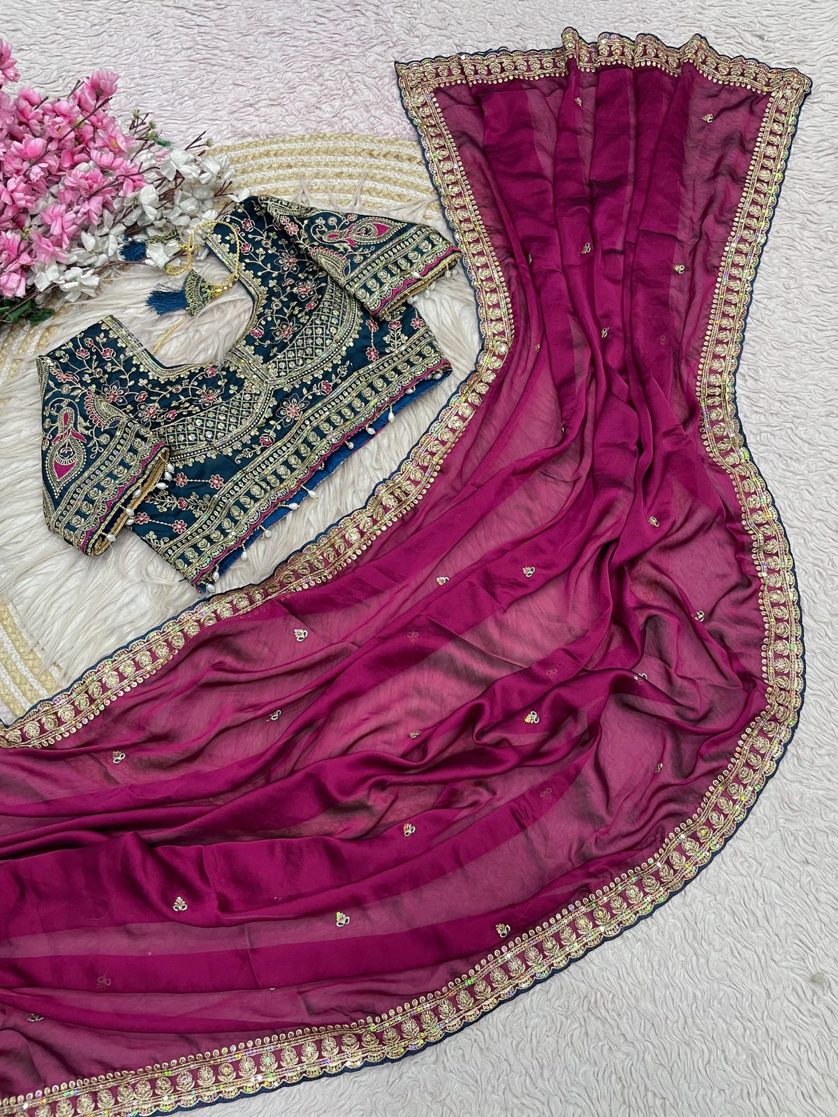 Magenta Wine Rangoli Silk Embroidery work Saree with Morpich Ready To Wear Blouse