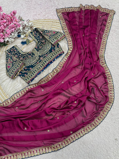 Magenta Wine Rangoli Silk Embroidery work Saree with Morpich Ready To Wear Blouse