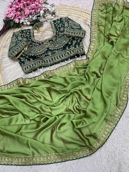 Pista Green Rangoli Silk Embroidery work Saree with Green Ready To Wear Blouse