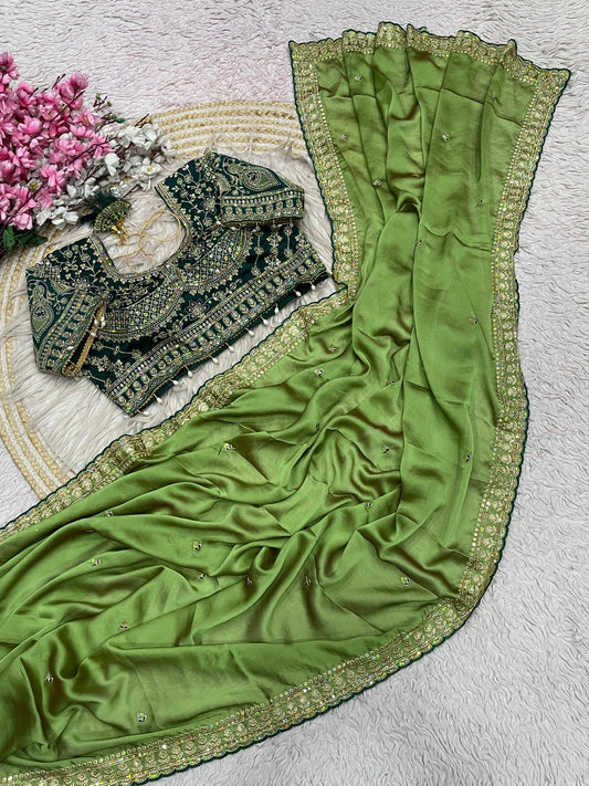 Pista Green Rangoli Silk Embroidery work Saree with Green Ready To Wear Blouse