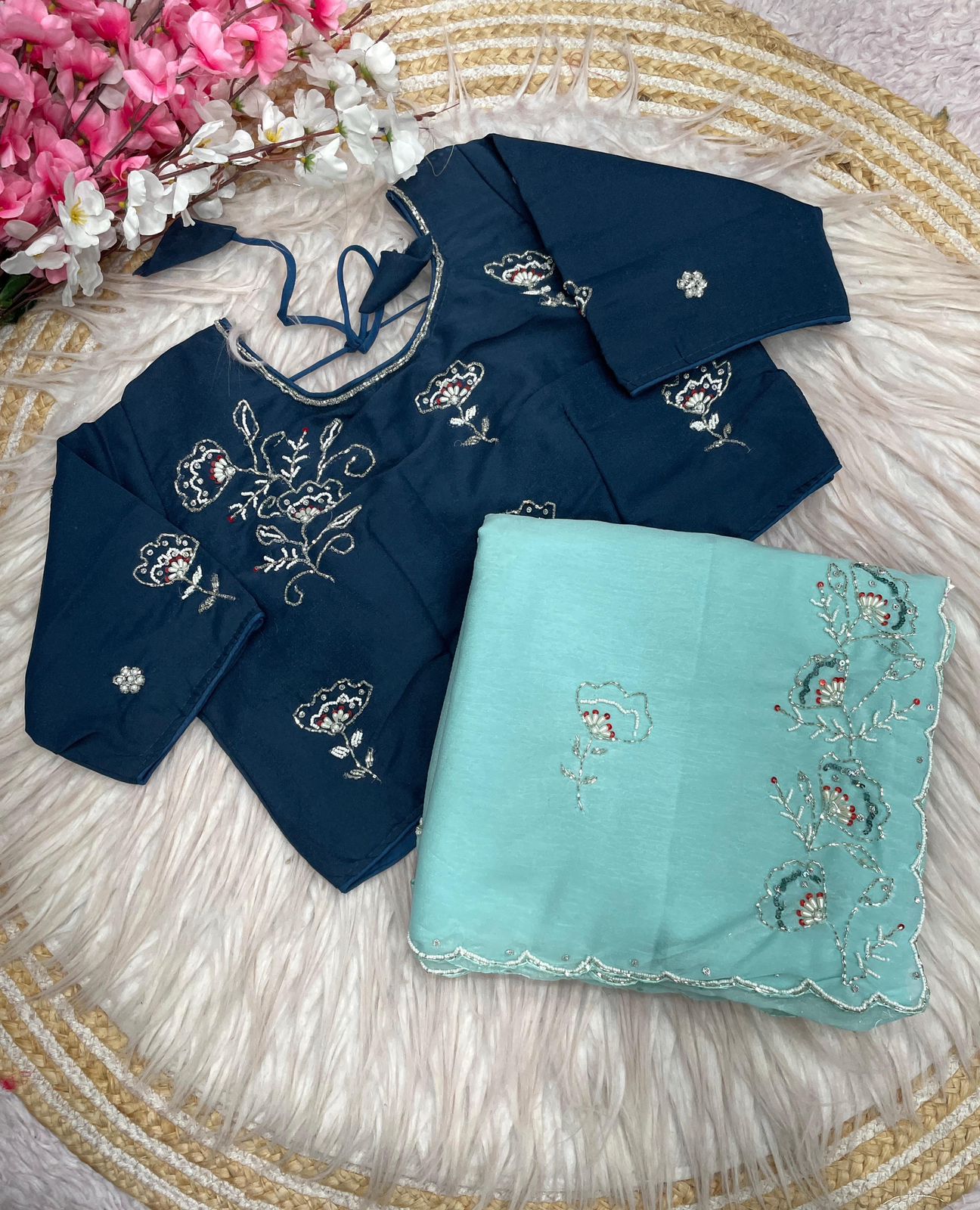 Aqua Blue Saree with Ready To Wear Navy Blue Blouse