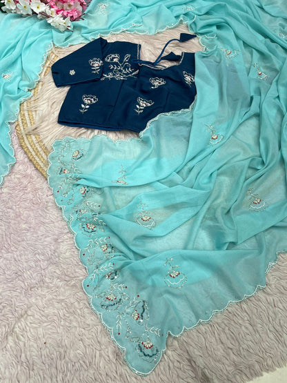 Aqua Blue Saree with Ready To Wear Navy Blue Blouse