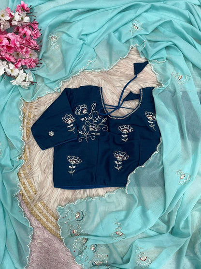 Aqua Blue Saree with Ready To Wear Navy Blue Blouse