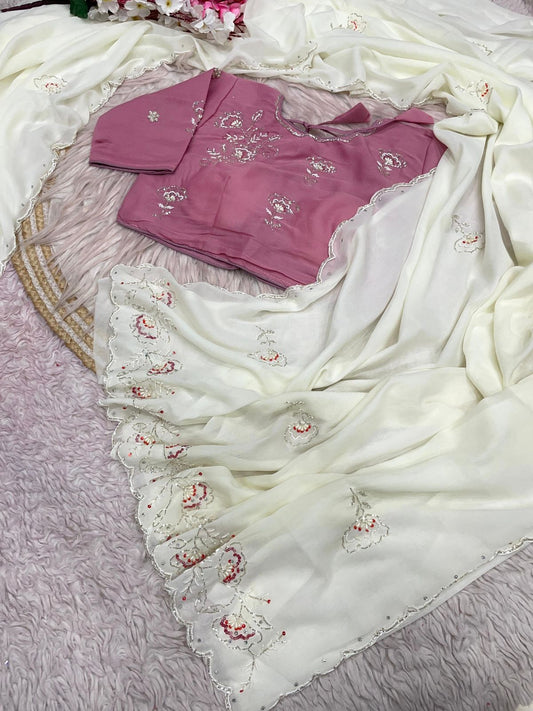 White Saree with Ready To Wear Onion Pink Blouse