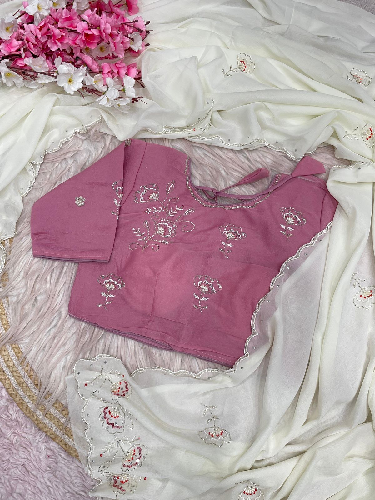 White Saree with Ready To Wear Onion Pink Blouse