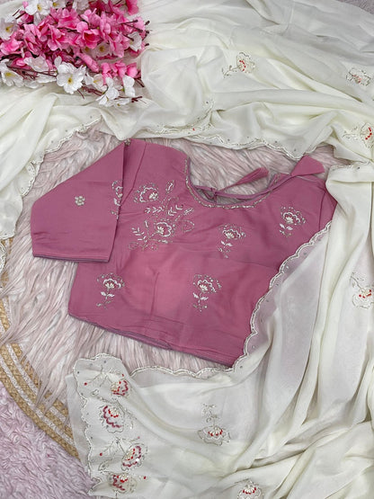 White Saree with Ready To Wear Onion Pink Blouse