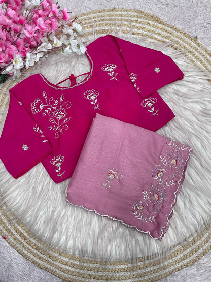Onion Pink Saree with Ready To Wear Rani Pink Blouse