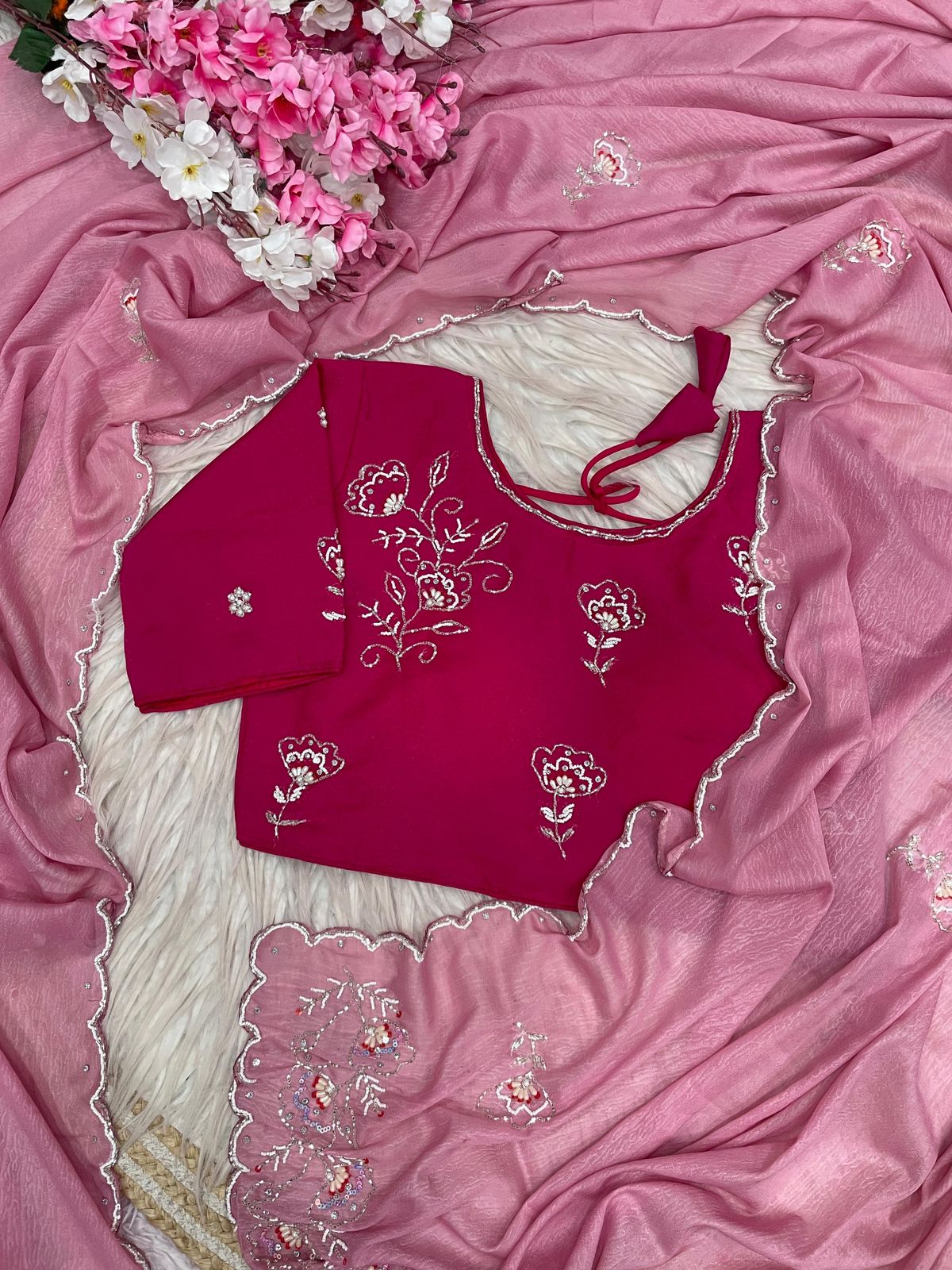 Onion Pink Saree with Ready To Wear Rani Pink Blouse