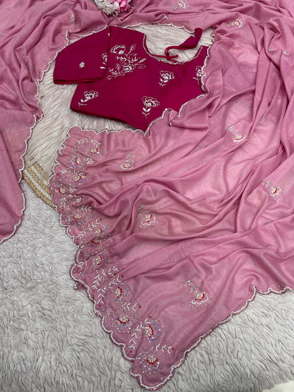 Onion Pink Saree with Ready To Wear Rani Pink Blouse