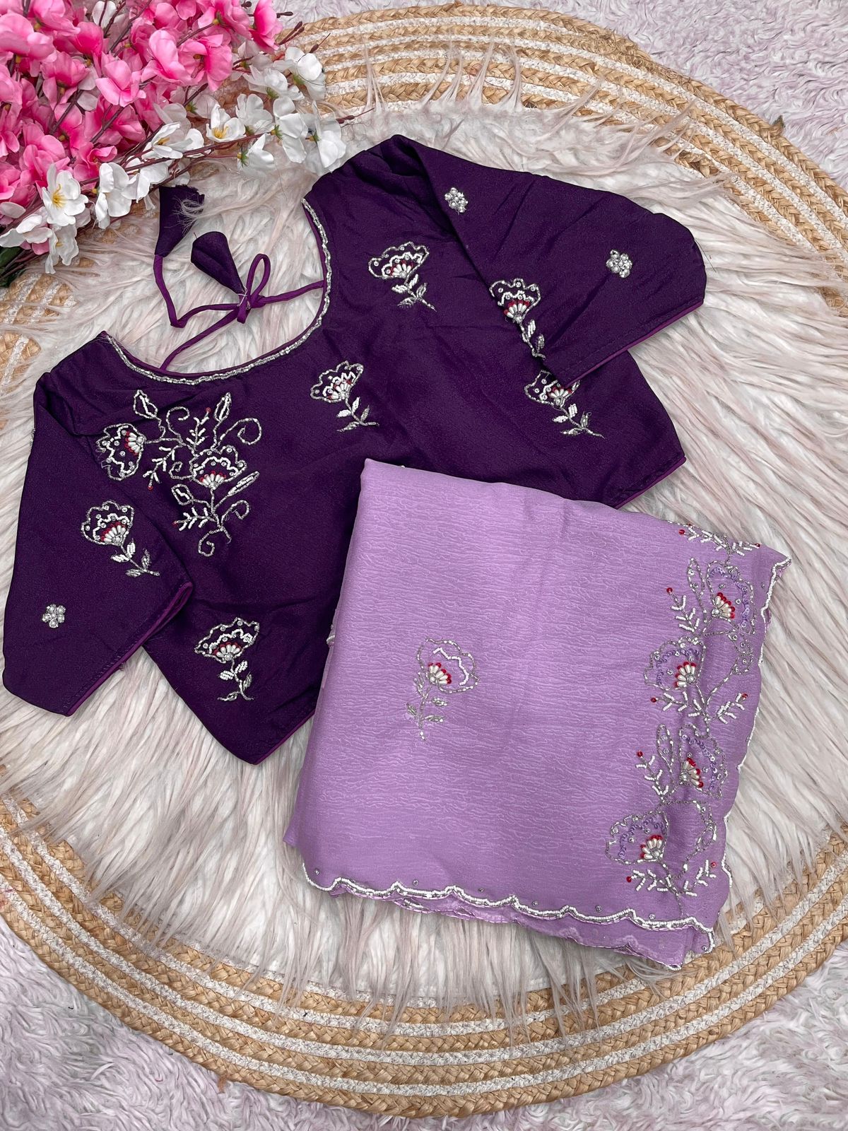 Lavender Saree with Ready To Wear Wine Blouse