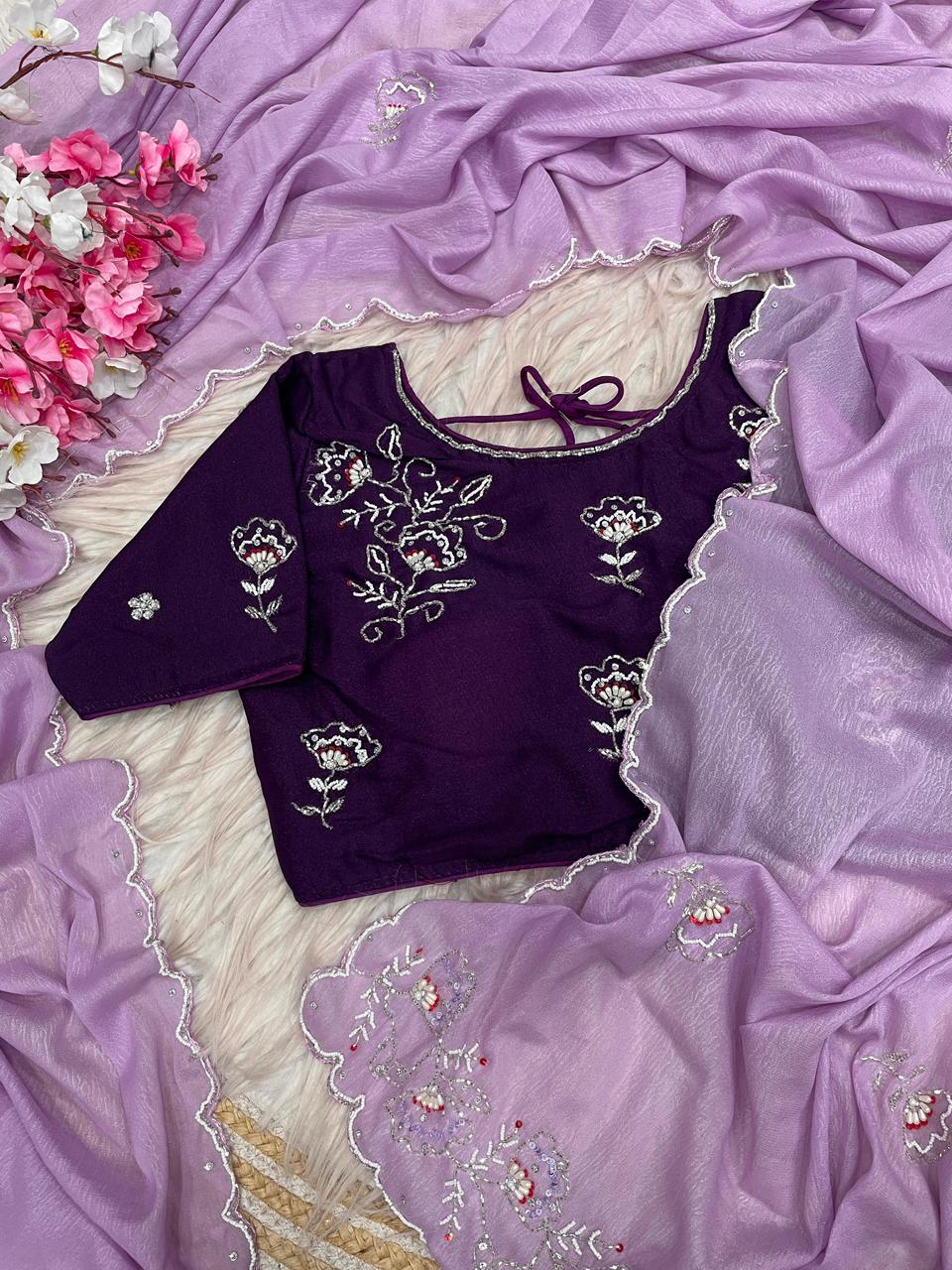 Lavender Saree with Ready To Wear Wine Blouse