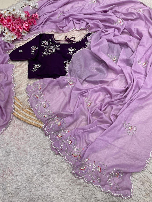 Lavender Saree with Ready To Wear Wine Blouse