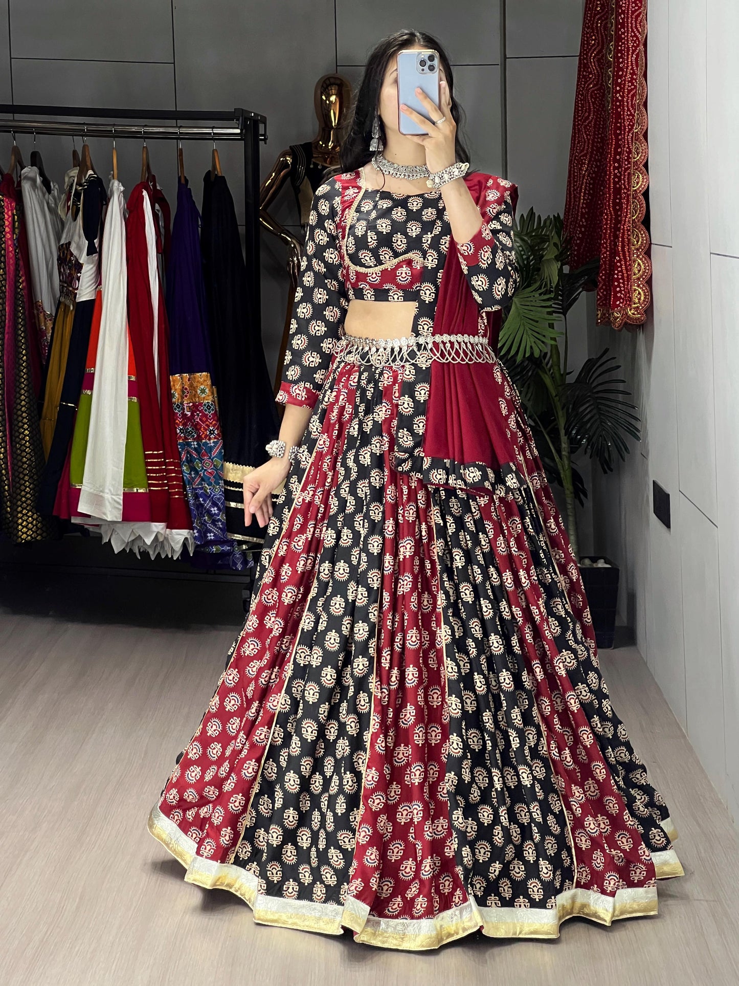 Black & Maroon Ajarakh Print Readymade Navratri Lehenga Choli with Dupatta