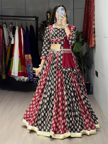 Black & Maroon Ajarakh Print Readymade Navratri Lehenga Choli with Dupatta