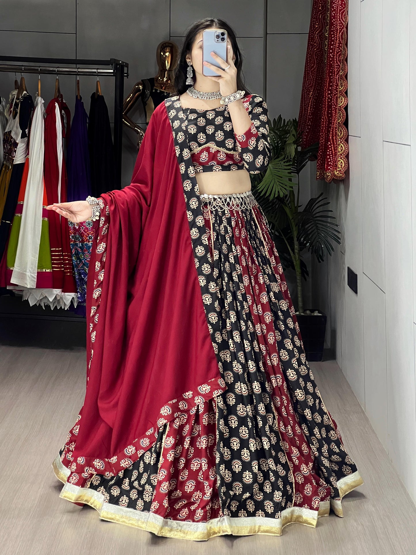 Black & Maroon Ajarakh Print Readymade Navratri Lehenga Choli with Dupatta
