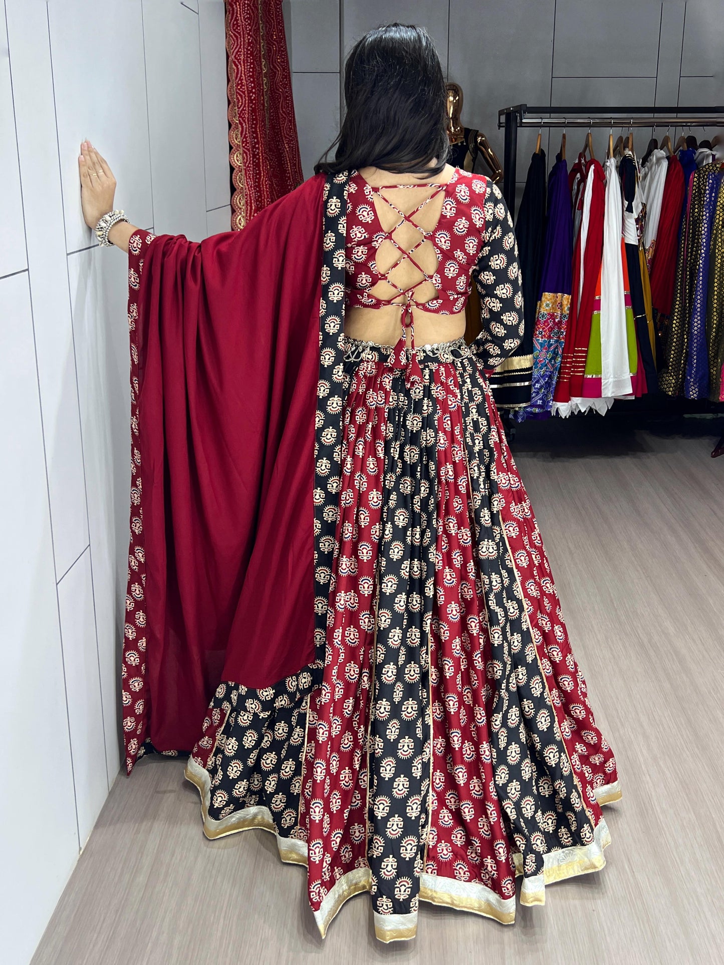 Black & Maroon Ajarakh Print Readymade Navratri Lehenga Choli with Dupatta