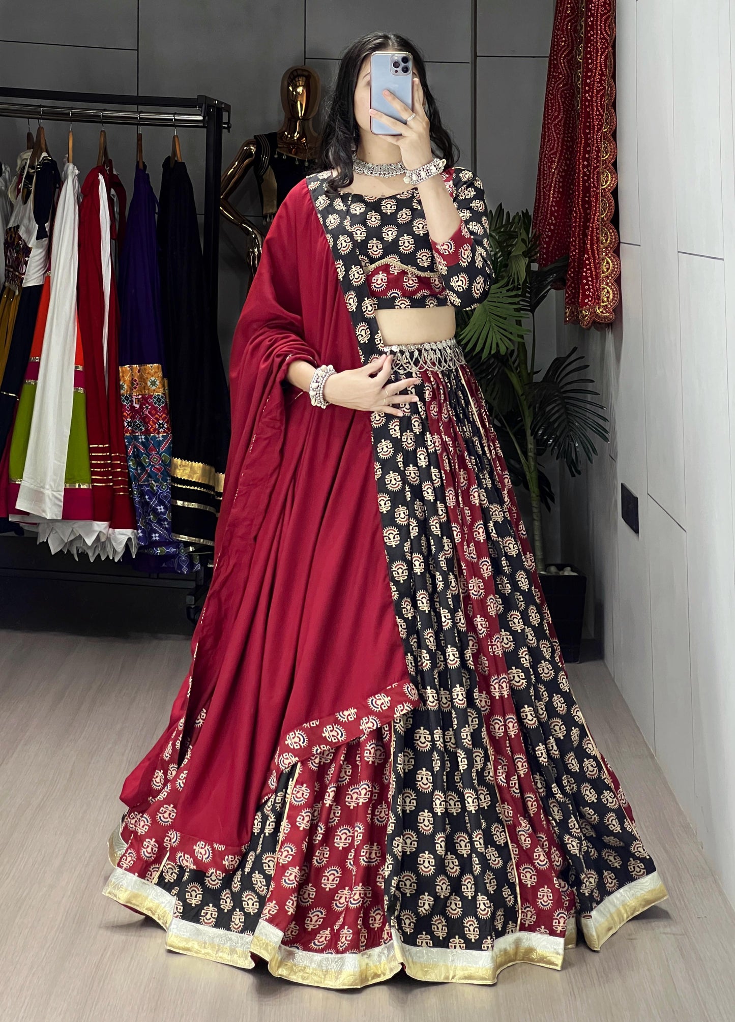 Black & Maroon Ajarakh Print Readymade Navratri Lehenga Choli with Dupatta