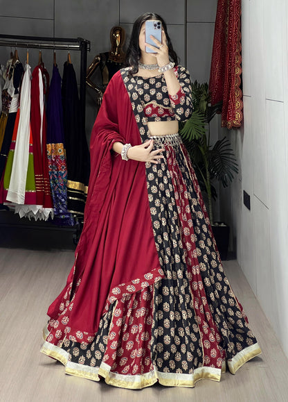 Black & Maroon Ajarakh Print Readymade Navratri Lehenga Choli with Dupatta