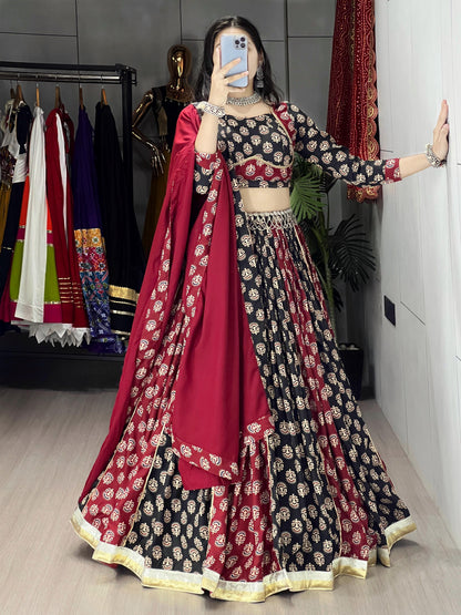 Black & Maroon Ajarakh Print Readymade Navratri Lehenga Choli with Dupatta