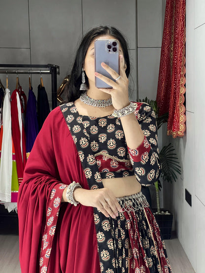 Black & Maroon Ajarakh Print Readymade Navratri Lehenga Choli with Dupatta