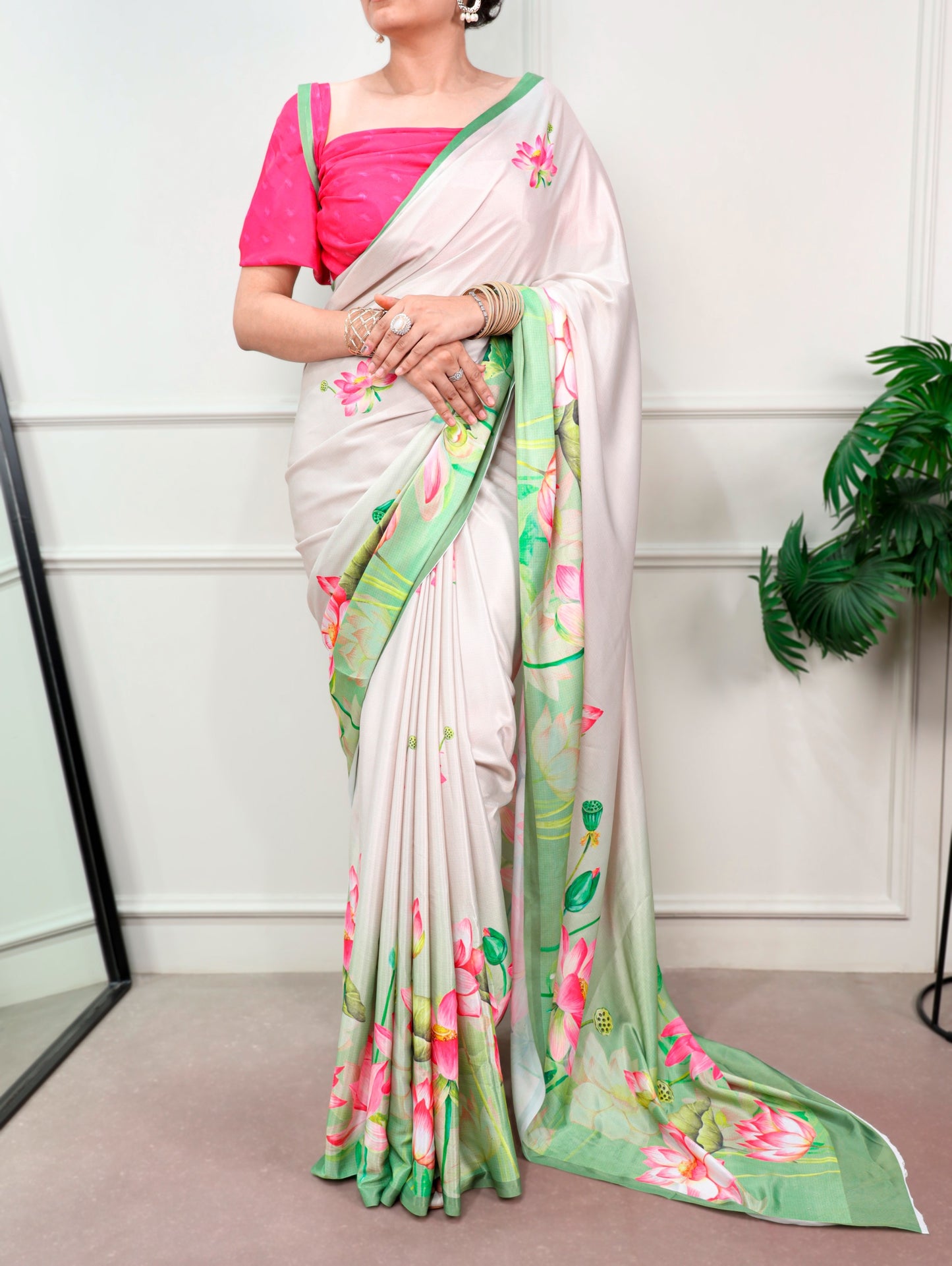 Off-white Lotus Flower Print Saree with Unstitched Blouse