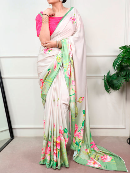 Off-white Lotus Flower Print Saree with Unstitched Blouse