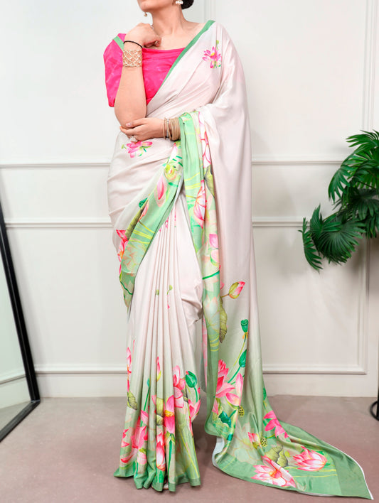 Off-white Lotus Flower Print Saree with Unstitched Blouse