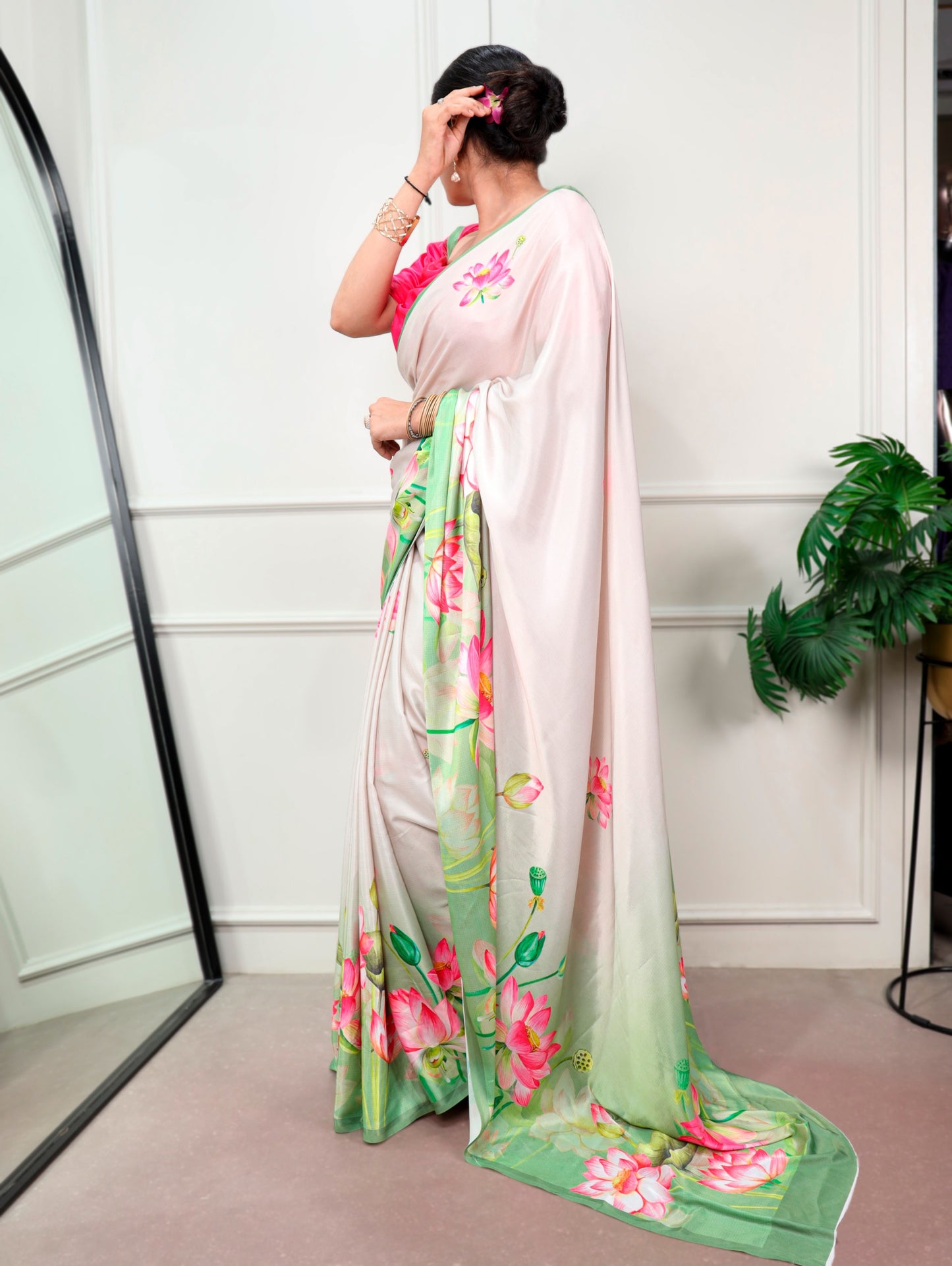 Off-white Lotus Flower Print Saree with Unstitched Blouse