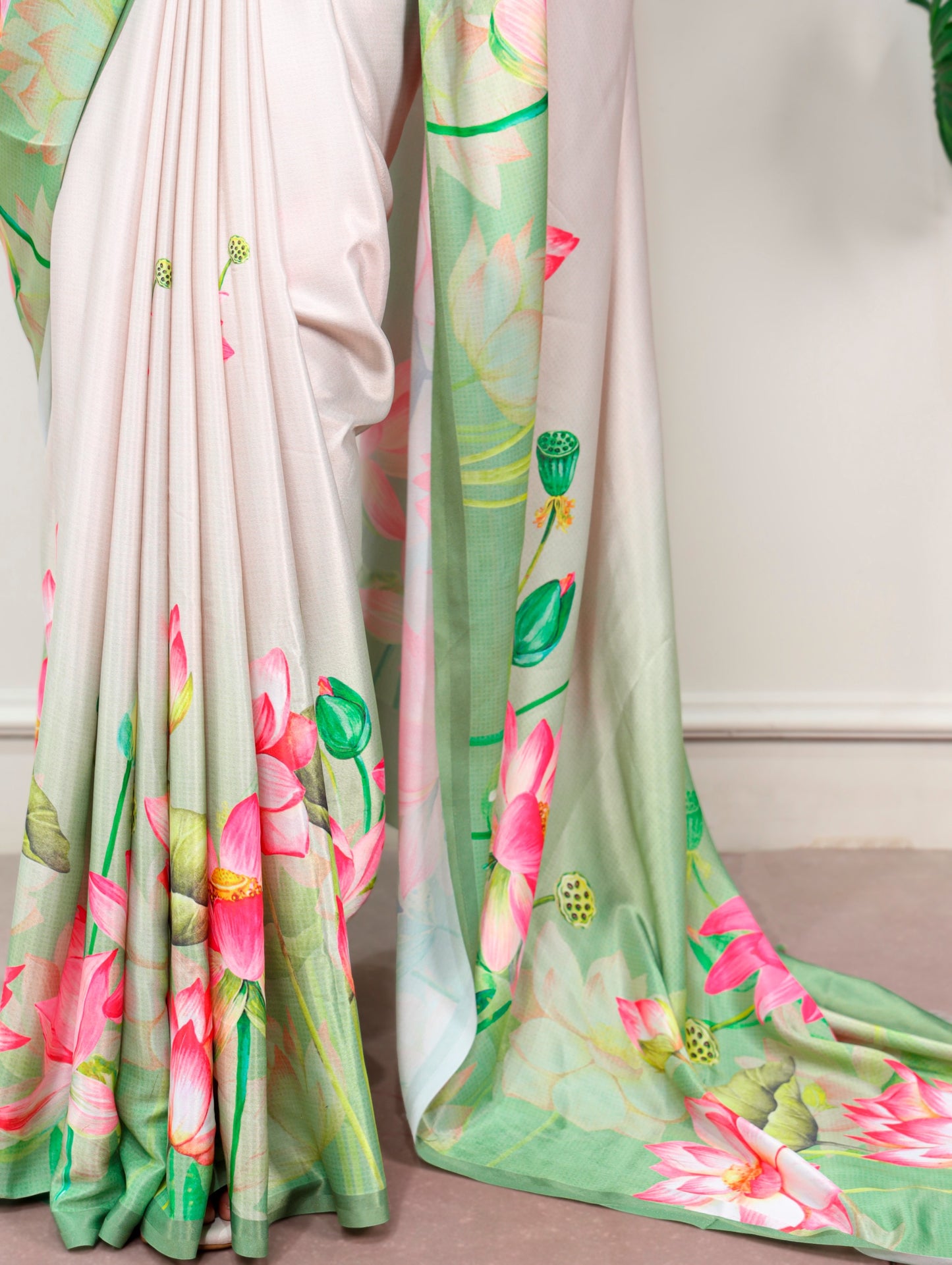 Off-white Lotus Flower Print Saree with Unstitched Blouse