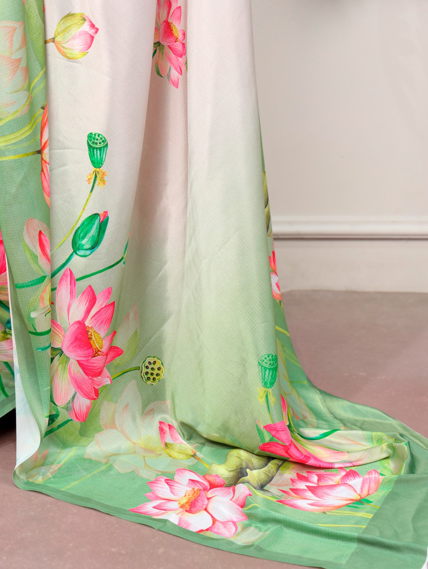 Off-white Lotus Flower Print Saree with Unstitched Blouse