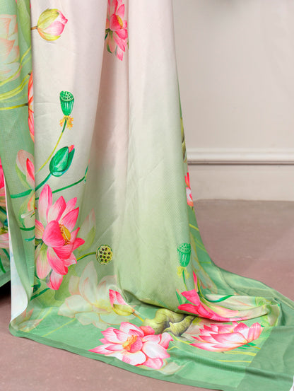 Off-white Lotus Flower Print Saree with Unstitched Blouse