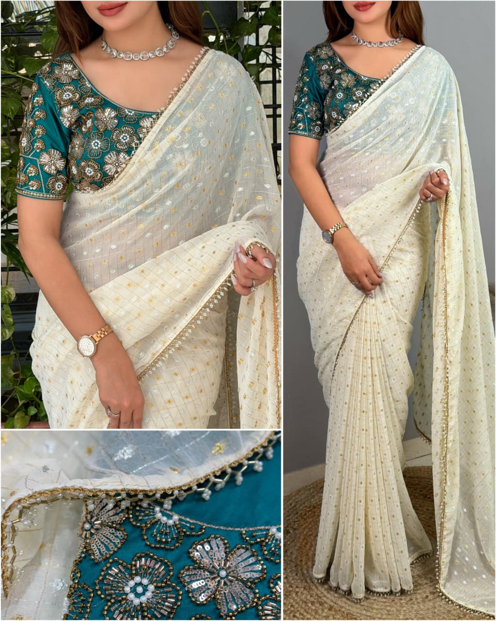 Gold & Silver All Over Zari Butti Work Saree With Unstitched Blouse