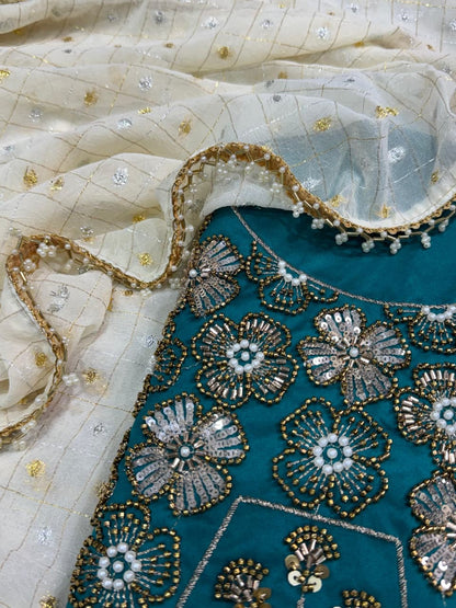 Gold & Silver All Over Zari Butti Work Saree With Unstitched Blouse