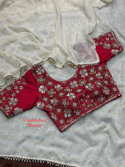 Gold & Silver All Over Zari Butti Work Saree With Unstitched Blouse
