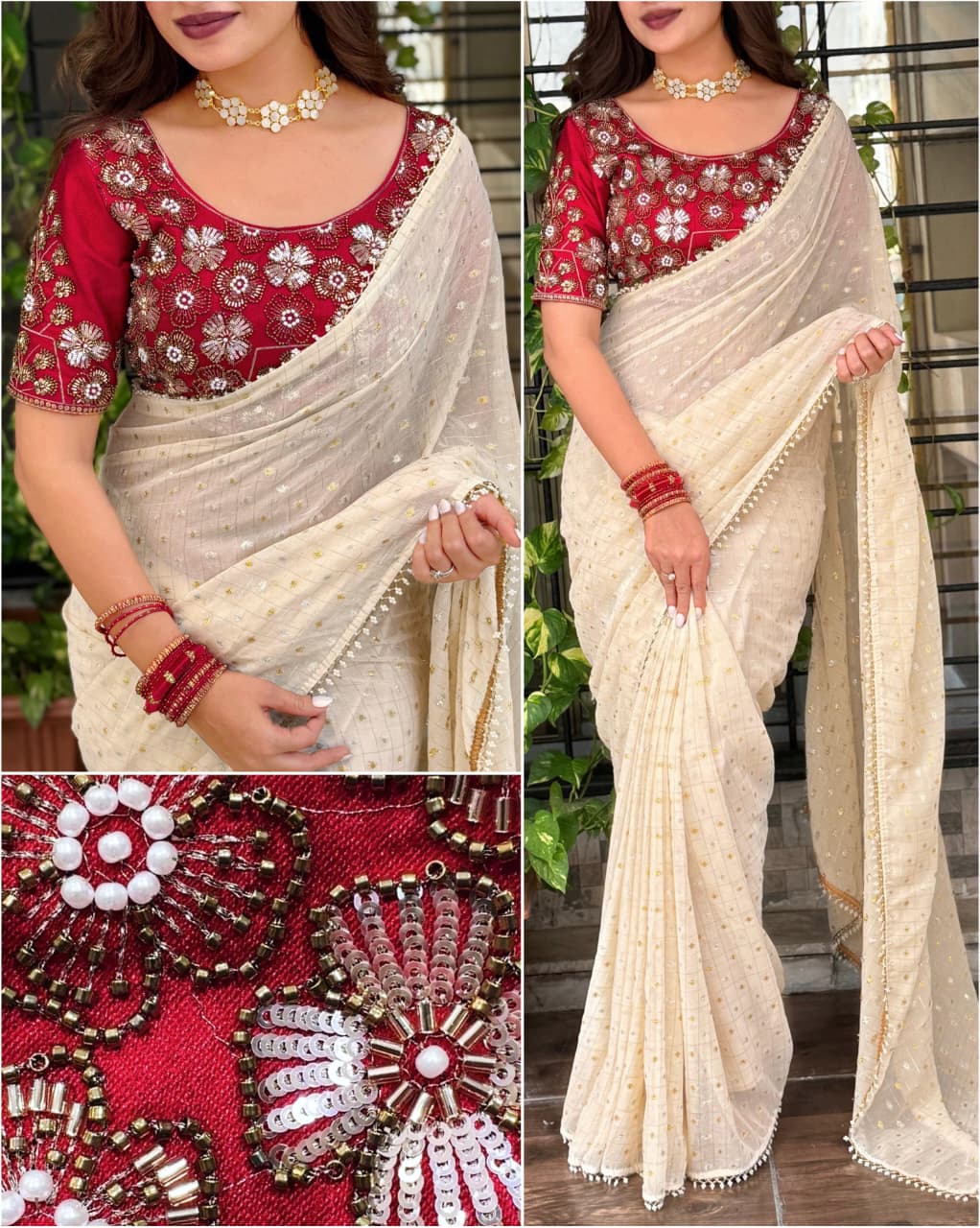 Gold & Silver All Over Zari Butti Work Saree With Unstitched Blouse