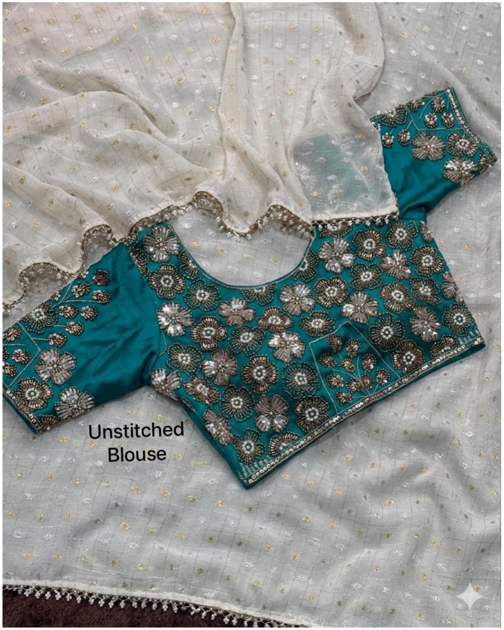 Gold & Silver All Over Zari Butti Work Saree With Unstitched Blouse