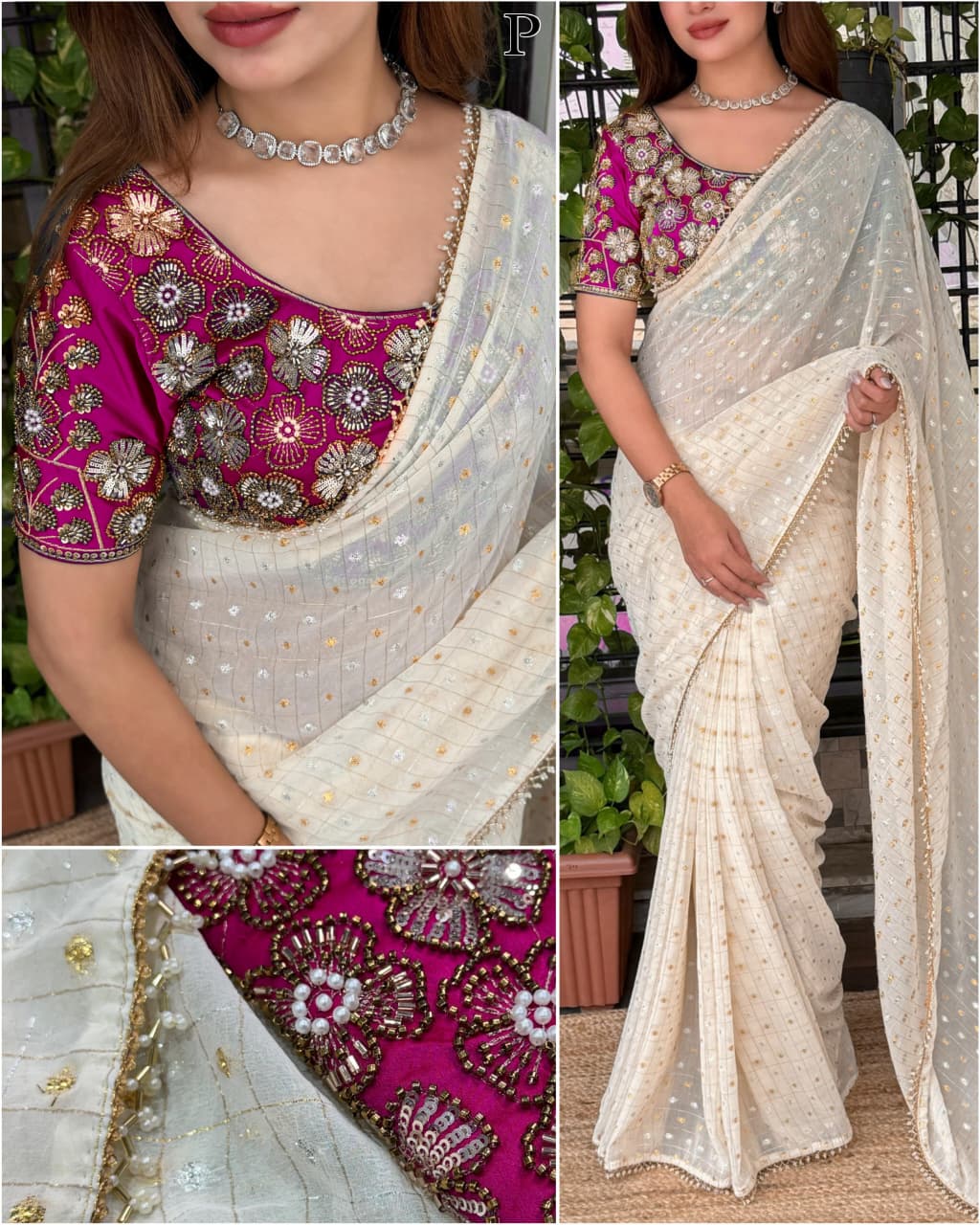 Gold & Silver All Over Zari Butti Work Saree With Unstitched Blouse