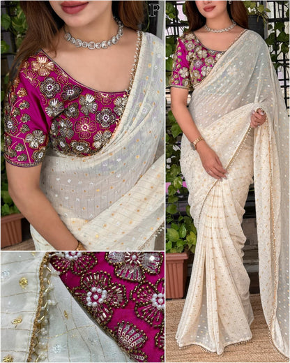 Gold & Silver All Over Zari Butti Work Saree With Unstitched Blouse