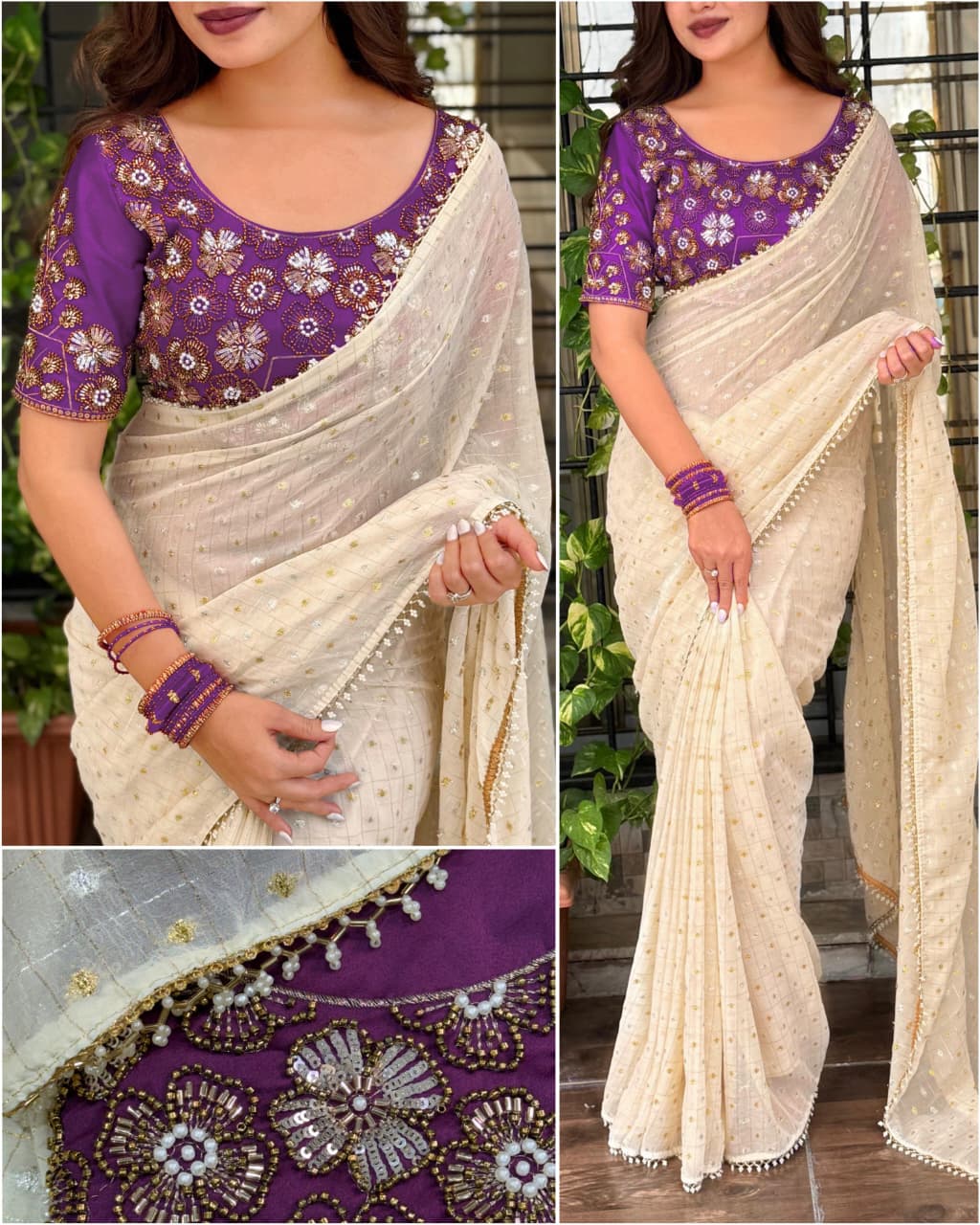 Gold & Silver All Over Zari Butti Work Saree With Unstitched Blouse