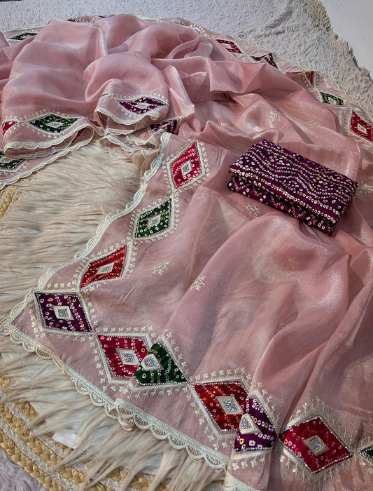 Bandej Patch Butta NC Moss Saree with Bandhej Print Unstitched Blouse