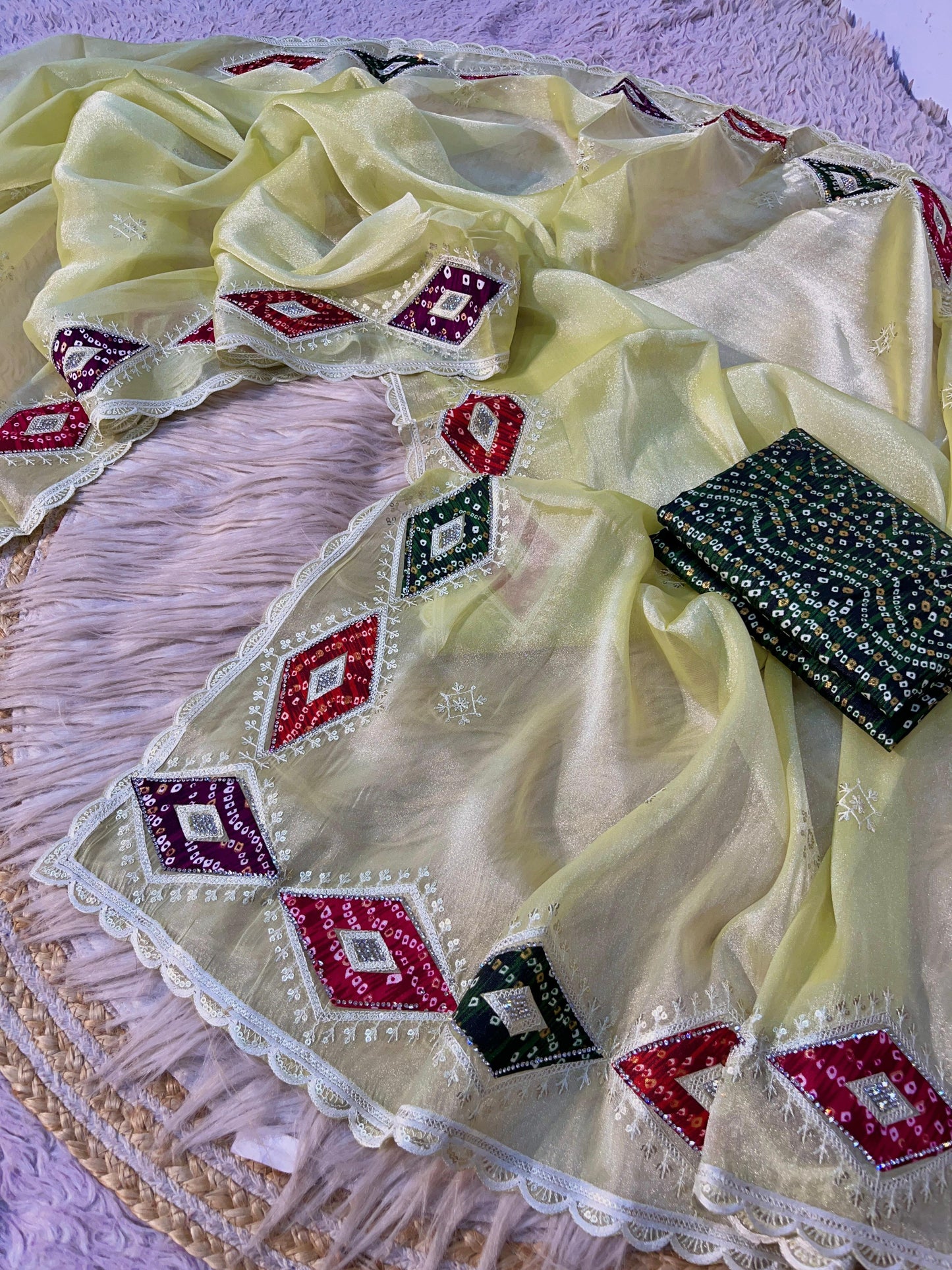 Bandej Patch Butta NC Moss Saree with Bandhej Print Unstitched Blouse