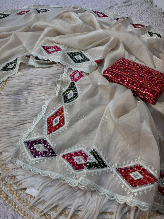 Bandej Patch Butta NC Moss Saree with Bandhej Print Unstitched Blouse