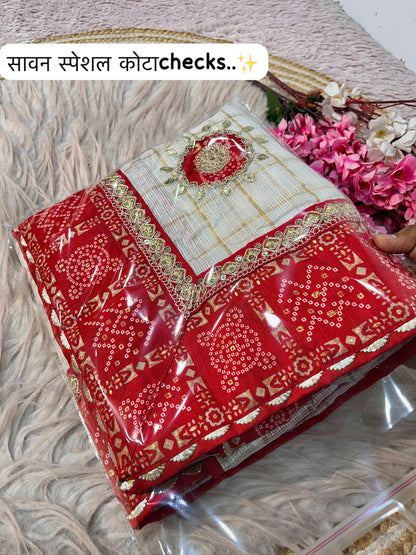 Kota Checks Heavy Bandhej Pallu Border Saree with Bandhej print Unstitched Blouse