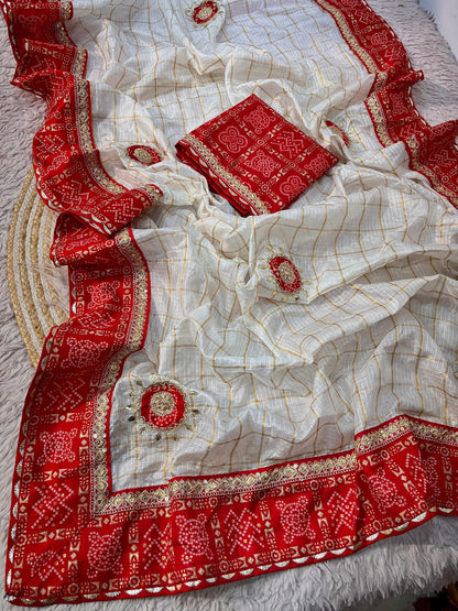 Kota Checks Heavy Bandhej Pallu Border Saree with Bandhej print Unstitched Blouse