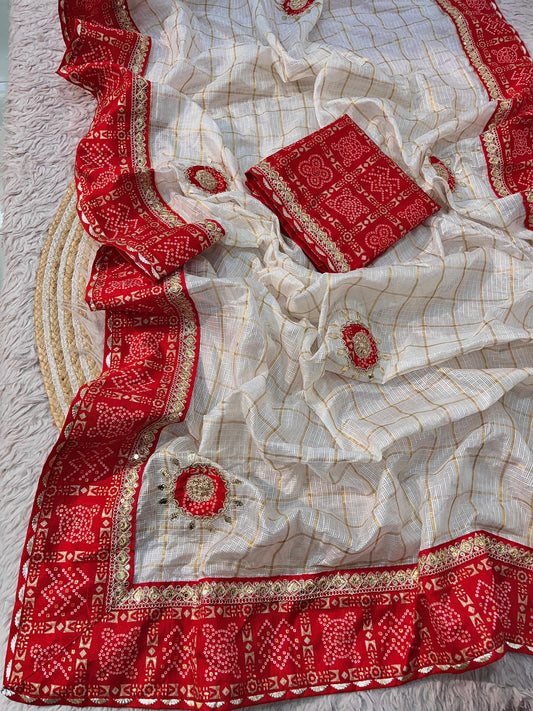 Kota Checks Heavy Bandhej Pallu Border Saree with Bandhej print Unstitched Blouse