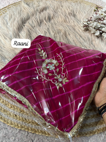 Raani Pink Georgette Lehriya Print and Handwork Butti Saree with Unstitched Blouse