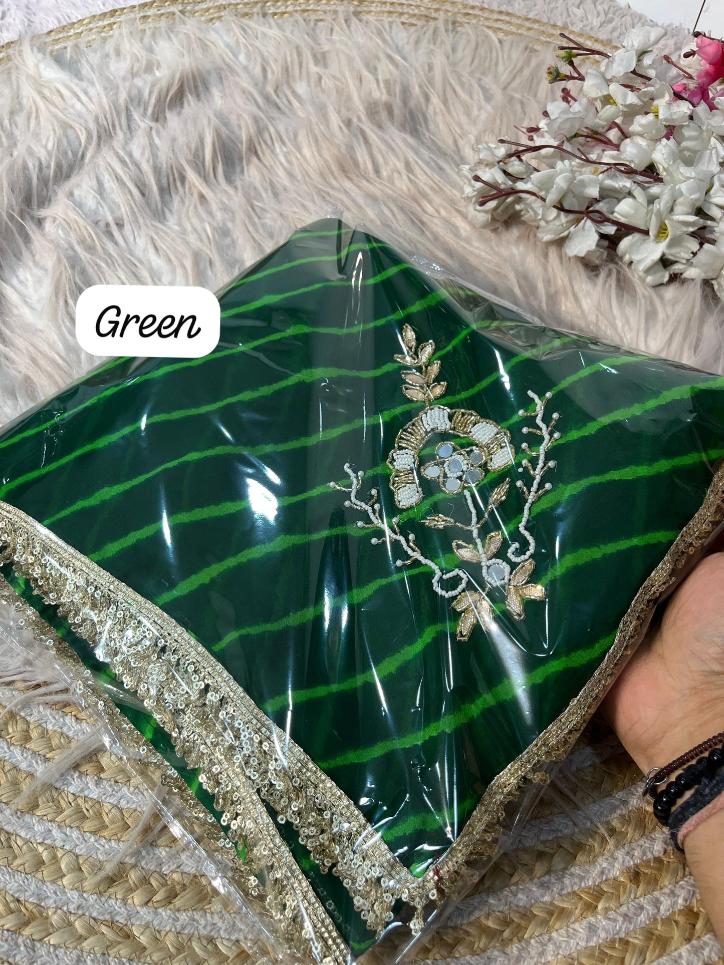 Green Georgette Lehriya Print and Handwork Butti Saree with Unstitched Blouse