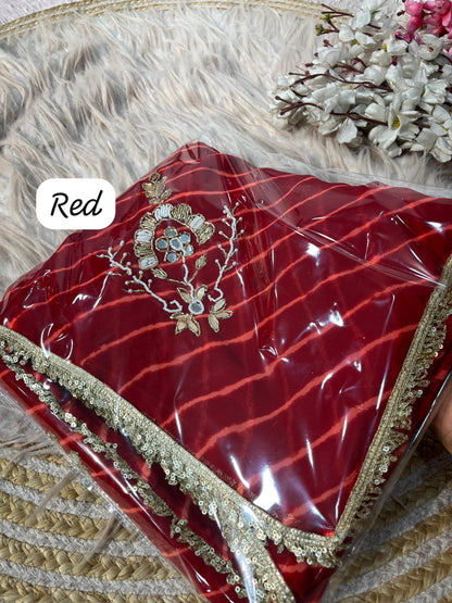 Red Georgette Lehriya Print and Handwork Butti Saree with Unstitched Blouse